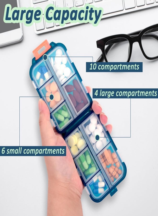 Cualfec 2 Pack Pill Organizer Travel Case - 10 Compartments Portable Medicine Container with 330 Labels, Double Lock Design (Blue & Chocolate, 2 Boxes) - Image 3